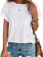 Eyelet Round Neck Short Sleeve T-shirt (6)