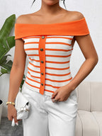 Decorative Button Striped Off-shoulder Knit Top (7)