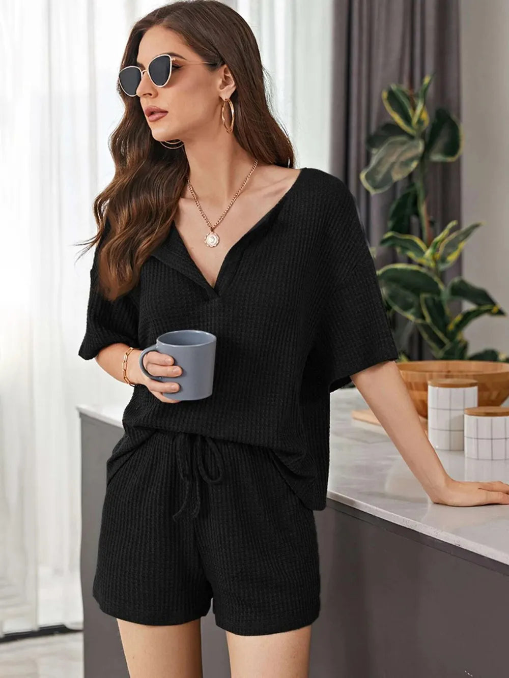 Full Size Waffle-knit Dropped Shoulder Top Shorts Set (5)