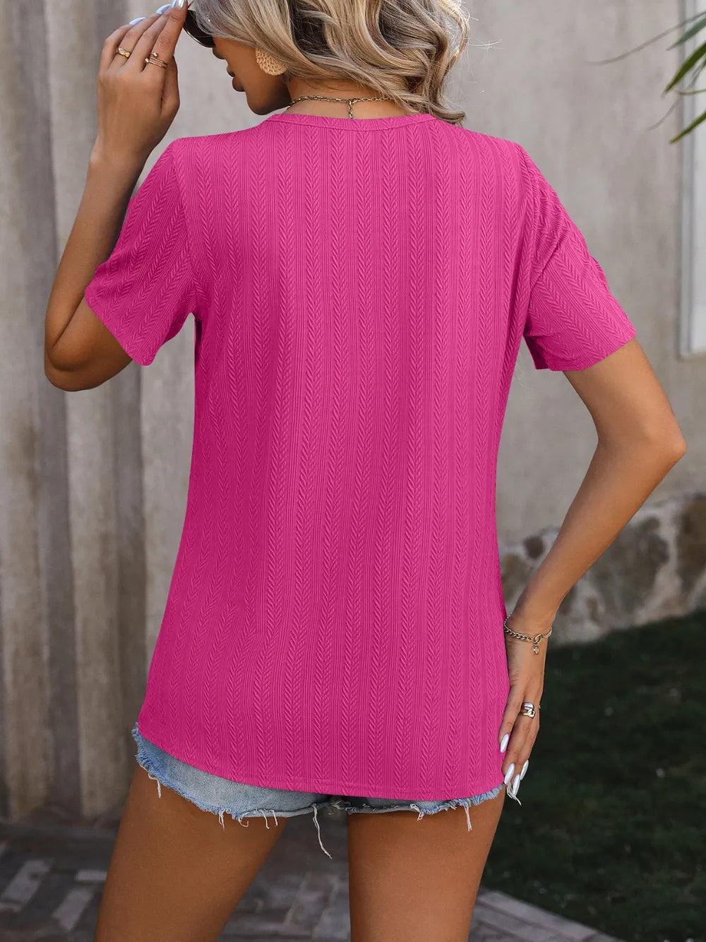 Decorative Button Round Neck Short Sleeve Blouse (20)