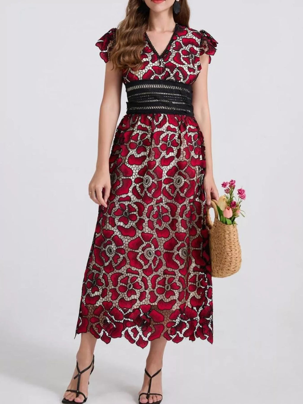 Printed V-neck Ruffle Sleeve Midi Dress (17)