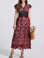 Printed V-neck Ruffle Sleeve Midi Dress (17)