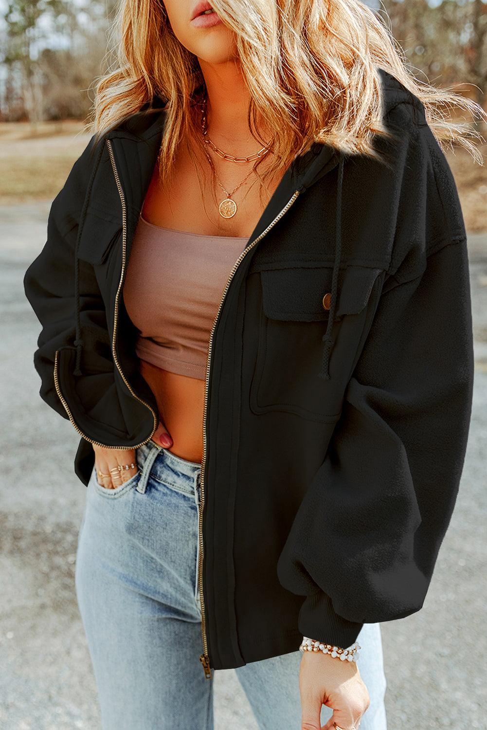 Zip-up Drawstring Hooded Jacket