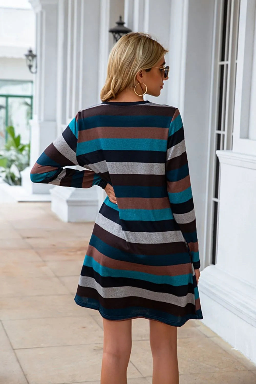 Striped Round Neck Long Sleeve Dress (7)