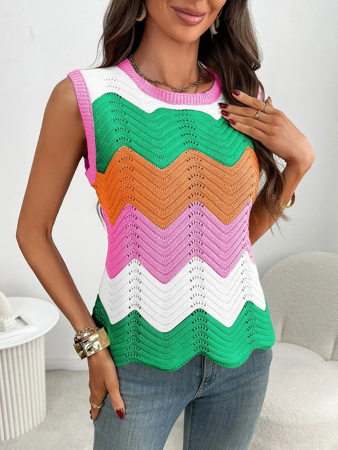 Block Round Neck Sweater Vest (8)