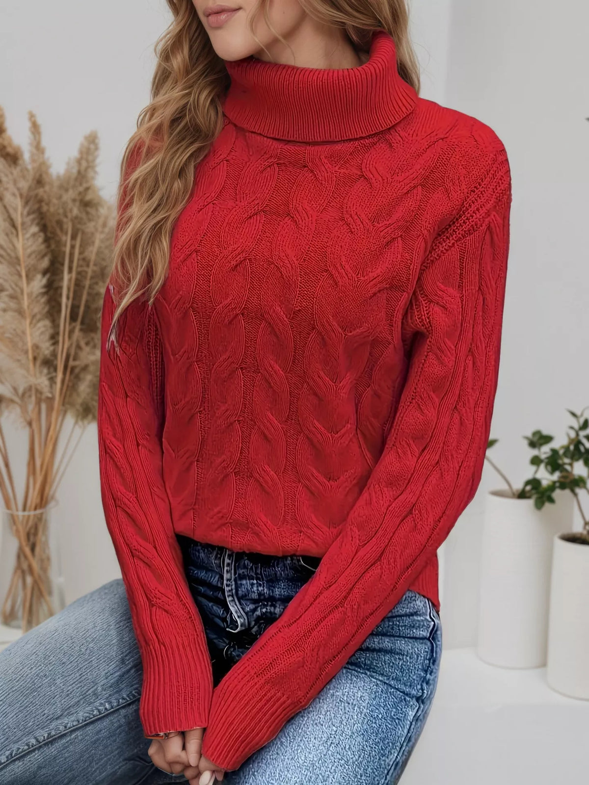 Cable Knit Turtleneck Long Sleeve Sweater (26)