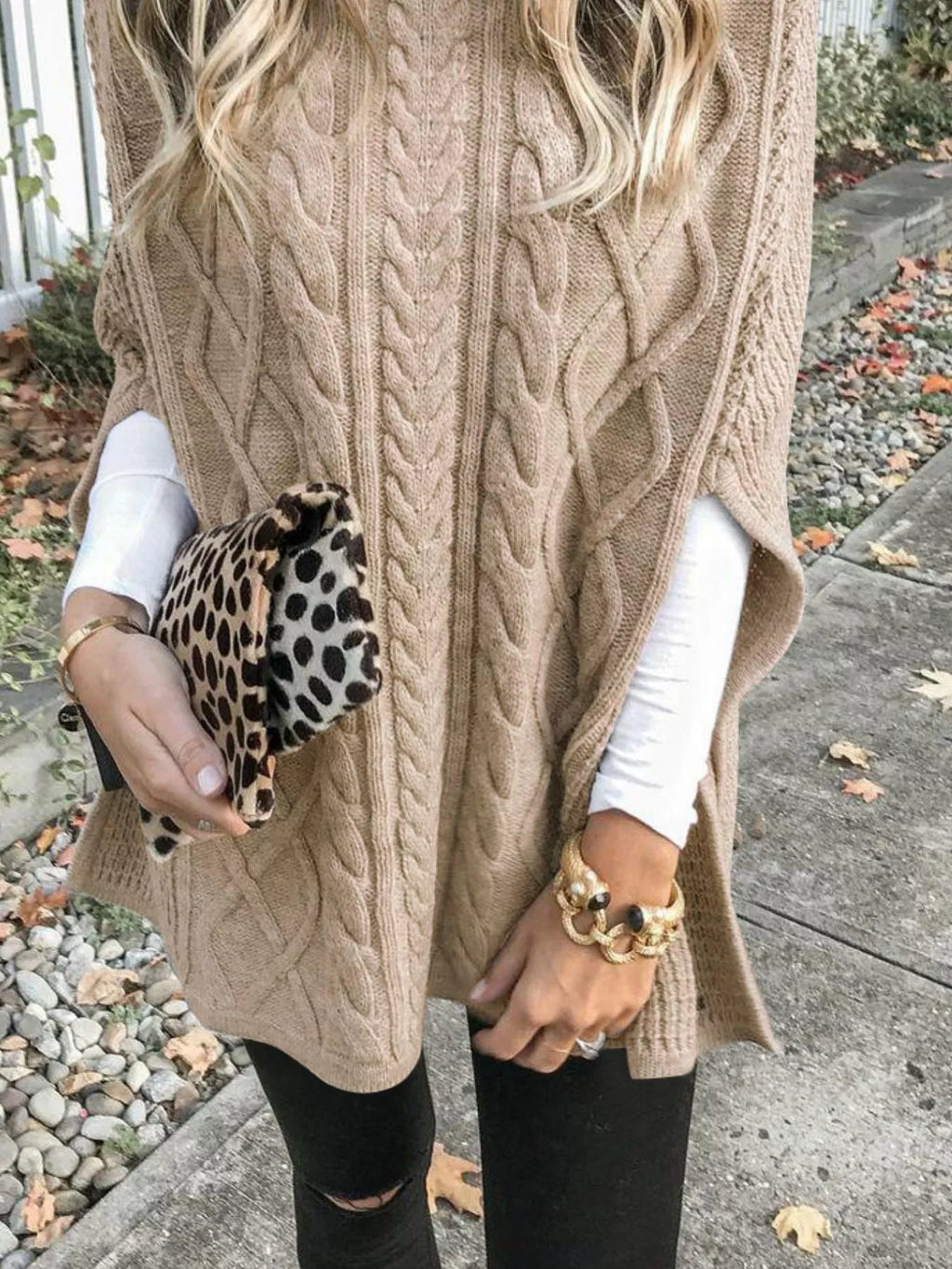 Chunky Cable Knit Turtleneck Poncho Cover Up (13)