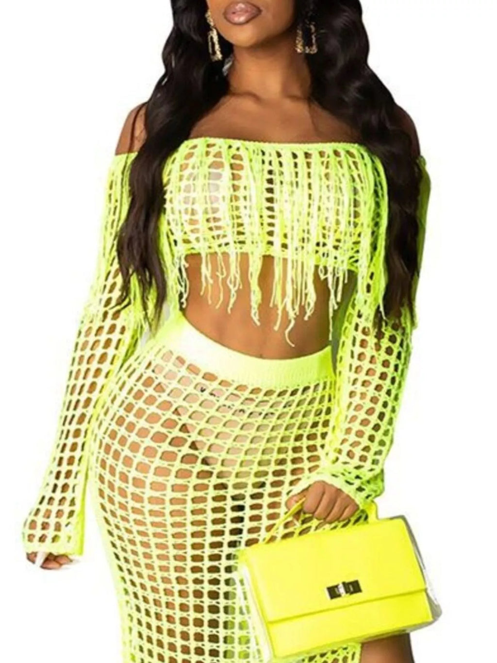 Full Size Crochet Off-shoulder Fringe Top Skirt Set Plus (26)