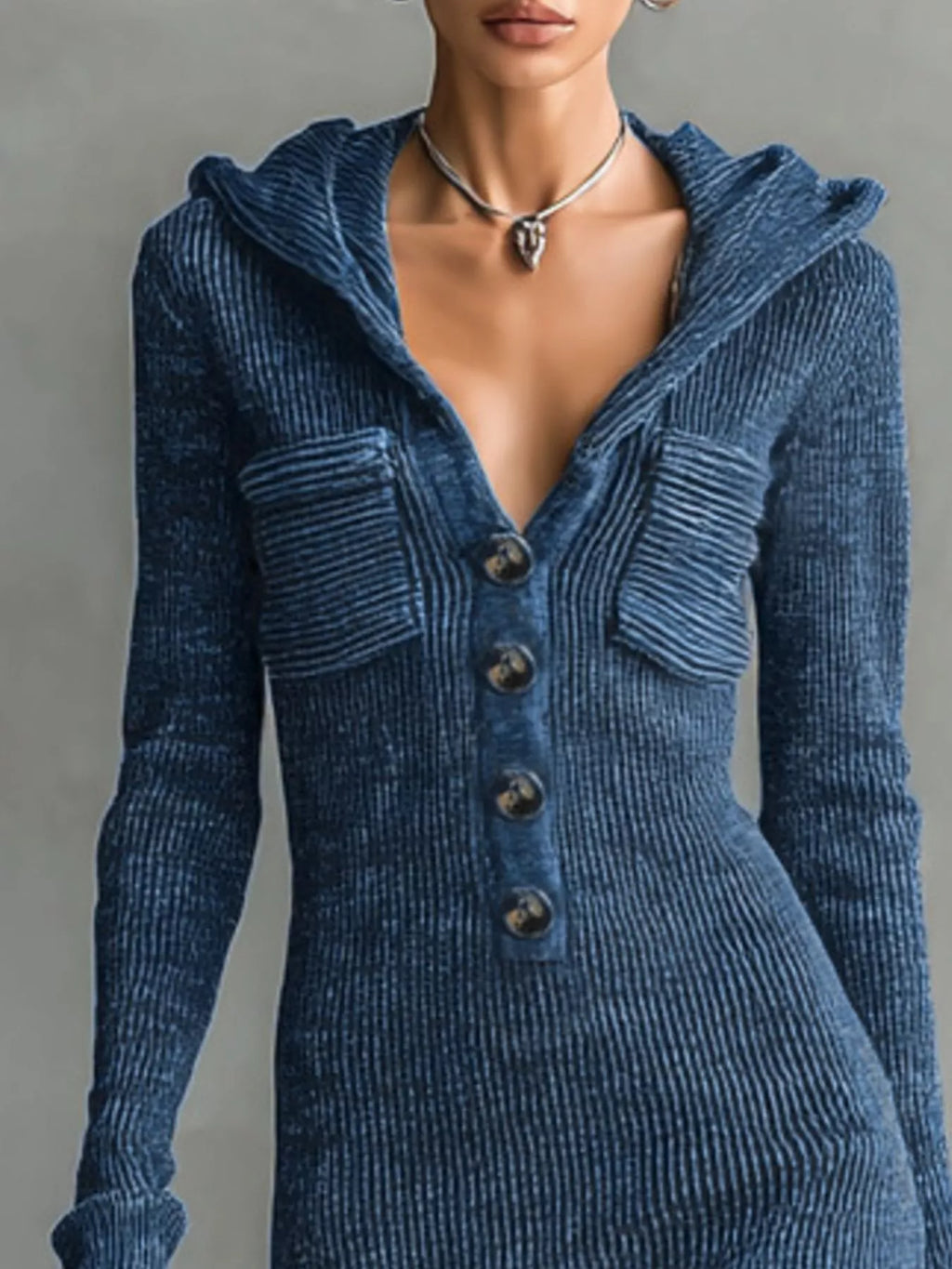 Hooded Knit Maxi Dress Button-up Placket Chest Pockets (2)