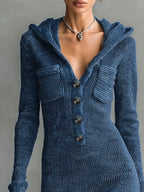 Hooded Knit Maxi Dress Button-up Placket Chest Pockets (2)