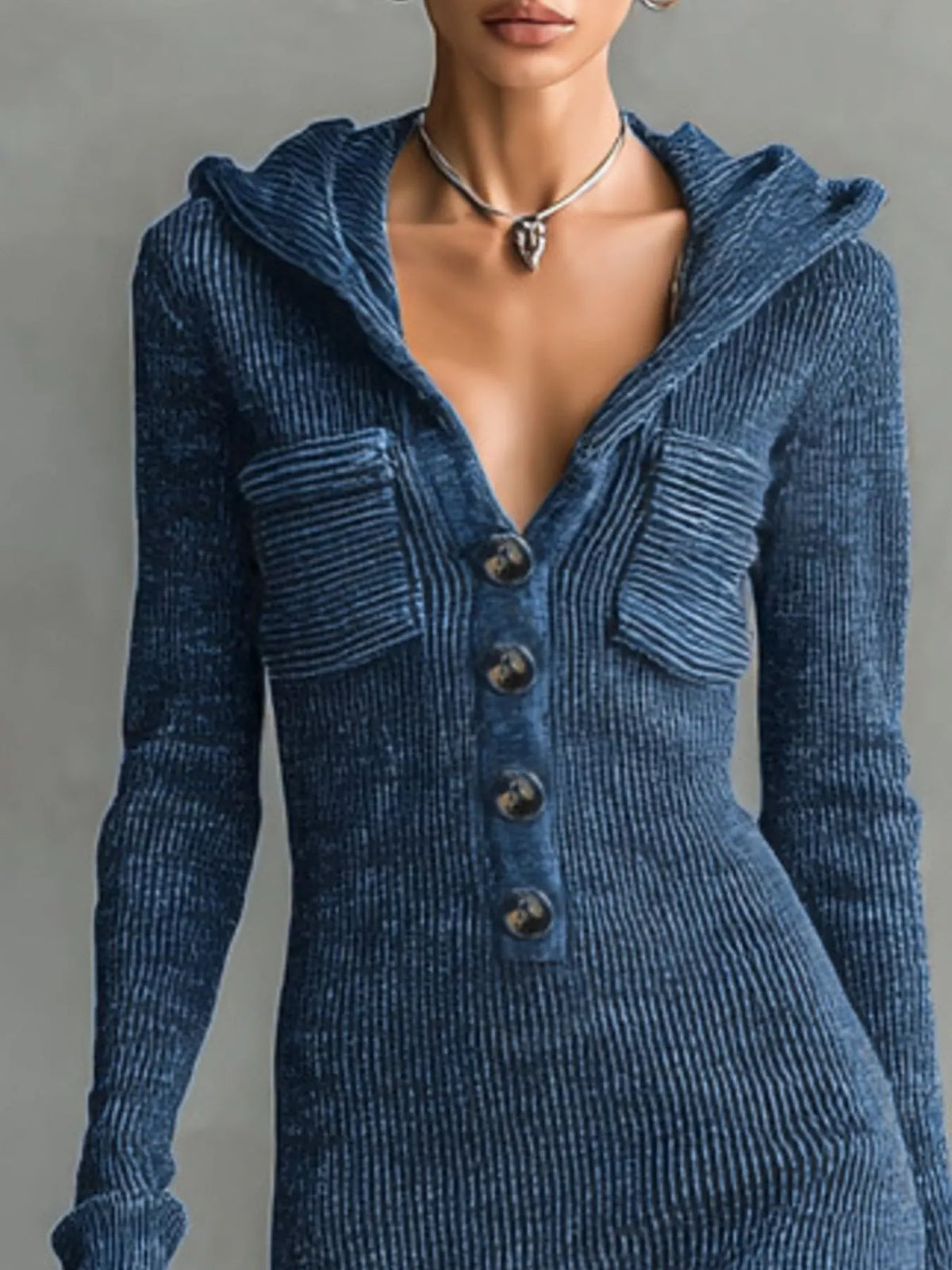 Hooded Knit Maxi Dress Button-up Placket Chest Pockets (2)