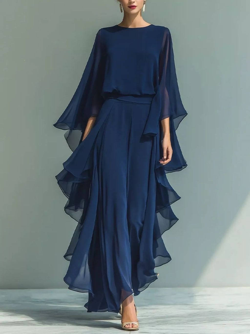 Ruffled Chiffon Long Sleeve Top Pants Set