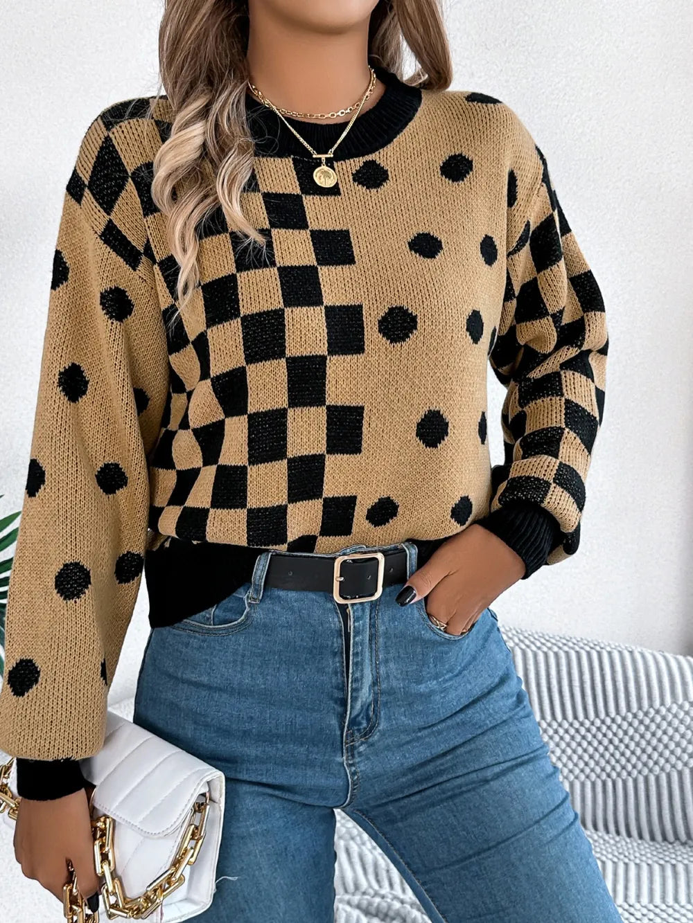 Plaid Round Neck Long Sleeve Sweater (18)