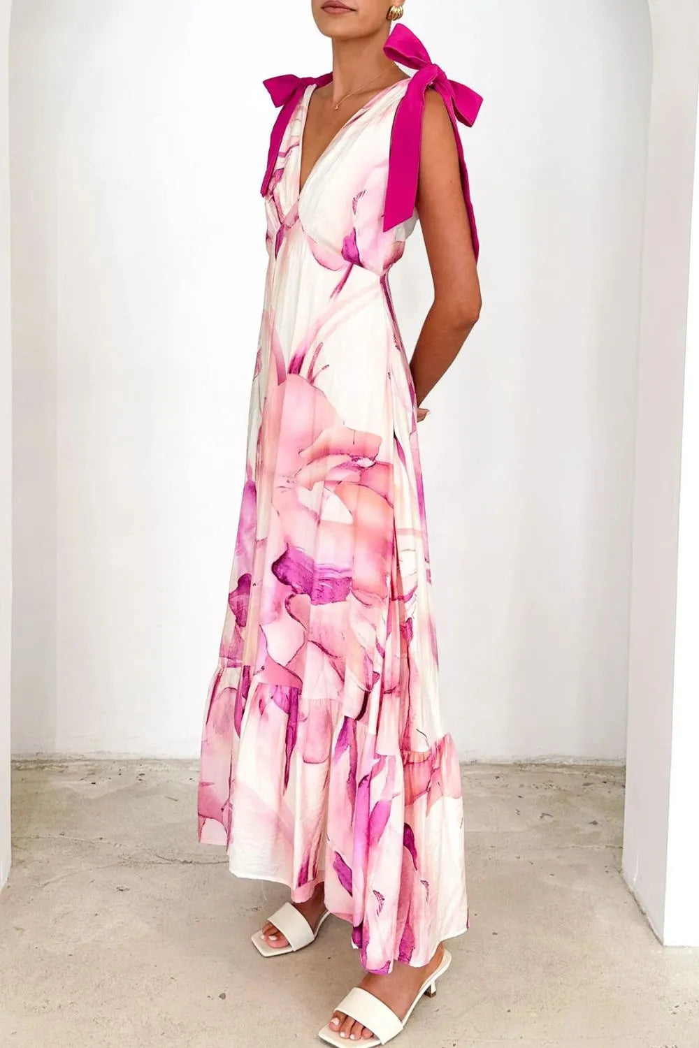 Printed V-neck Tie Shoulder Midi Cami Dress (15)