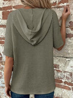 Drawstring Waffle-knit Short Sleeve Hooded Top (15)