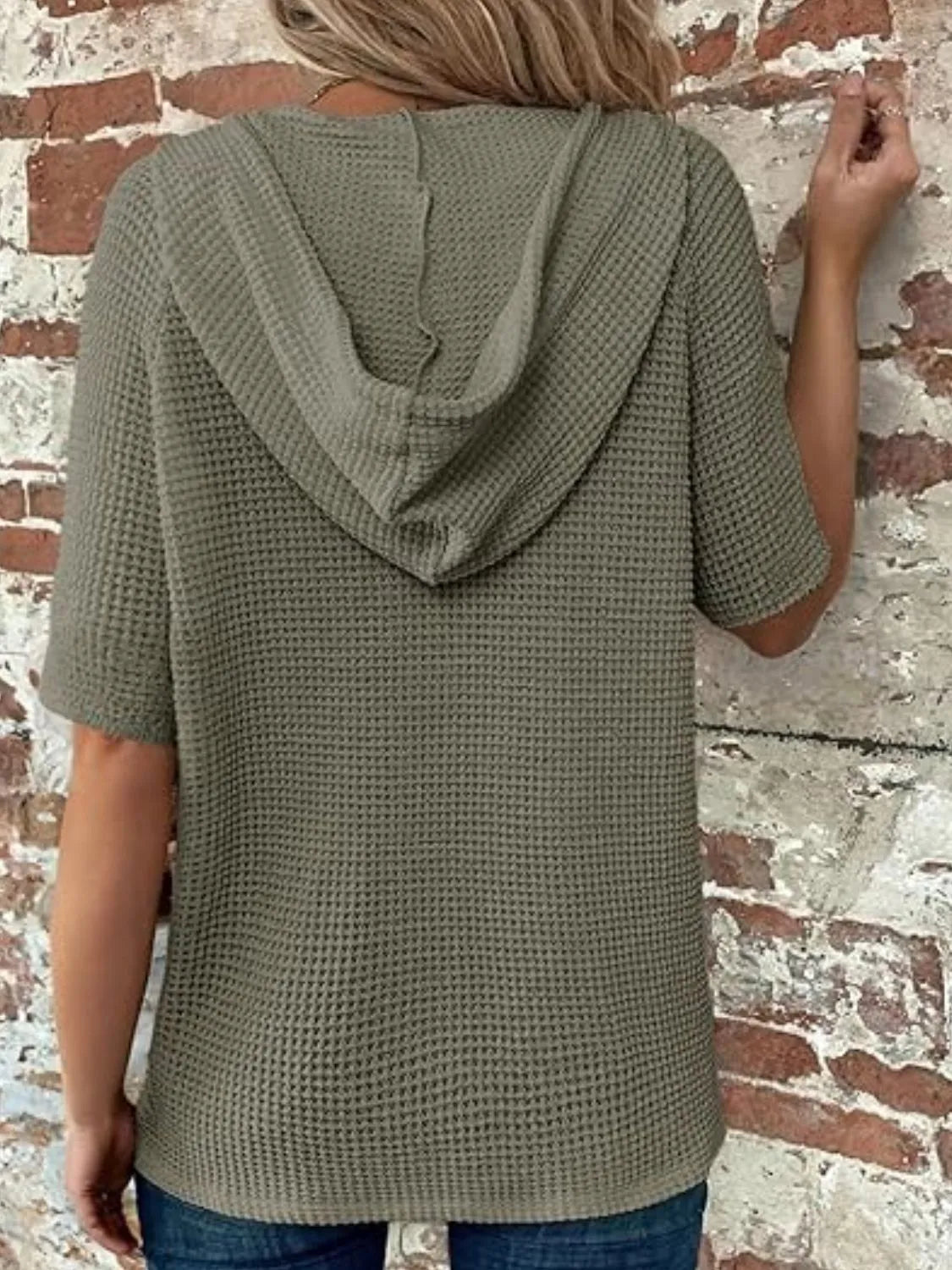 Drawstring Waffle-knit Short Sleeve Hooded Top (15)