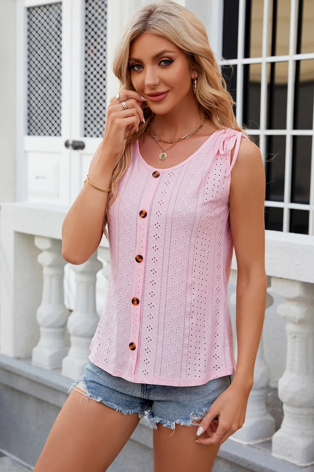Eyelet Round Neck Wide Strap Tank (3)