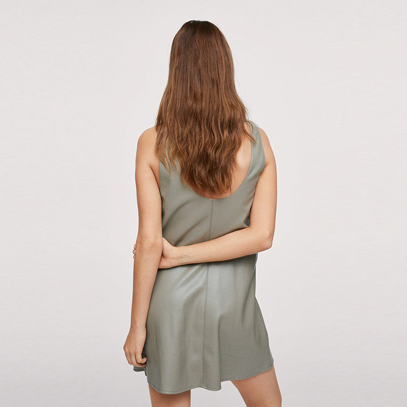 Mint Green Loose Pu Leather Mini Dress photo 3
