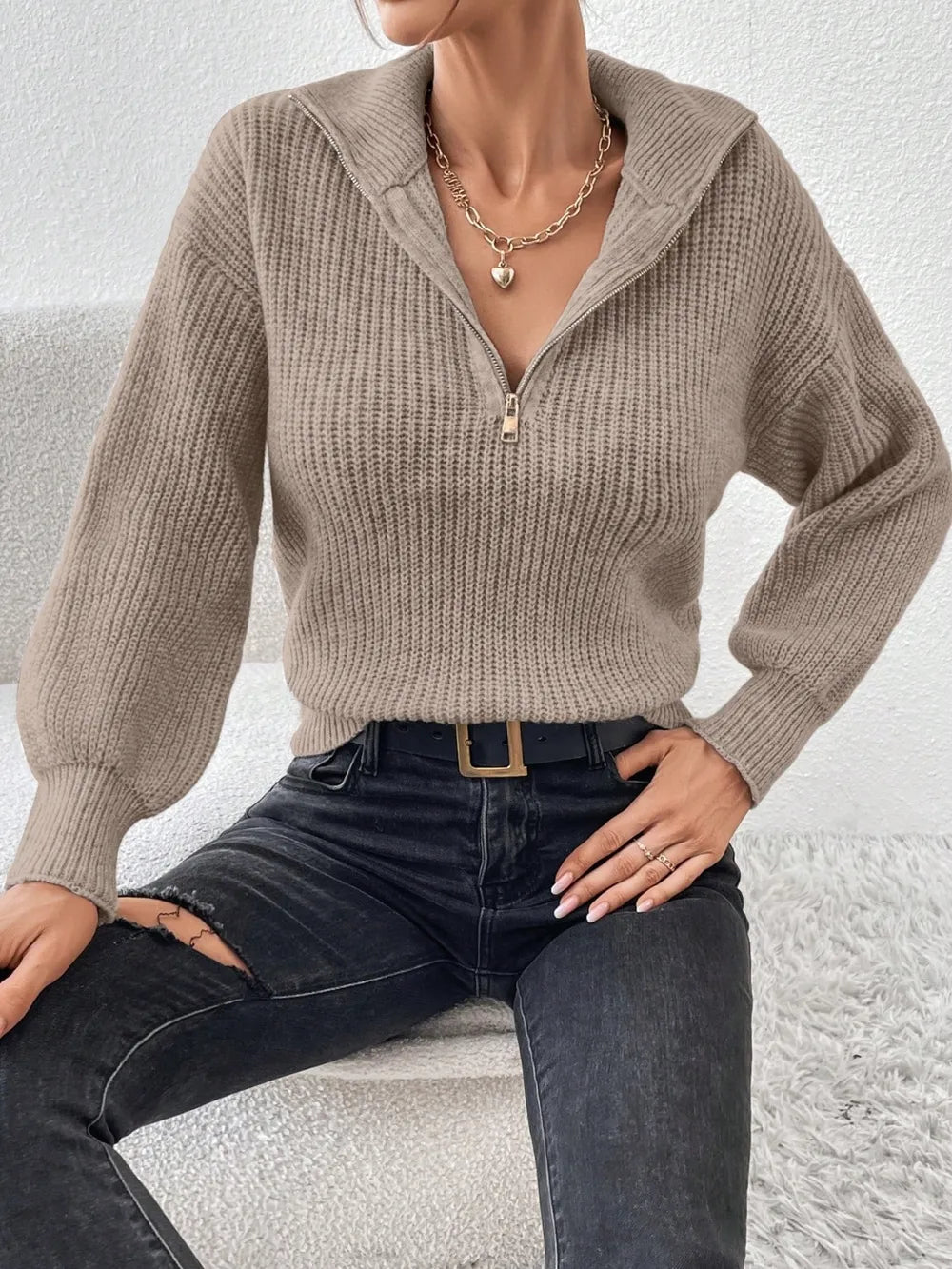 Half Zip Dropped Shoulder Sweater (18)