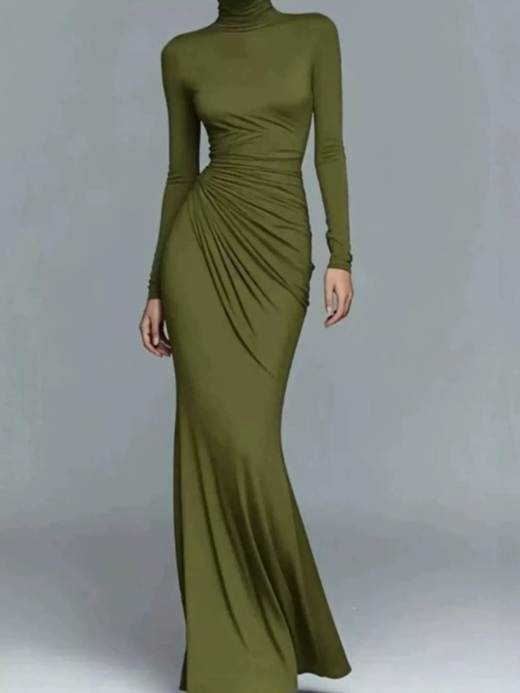Turtleneck Long-sleeve Ruched Maxi Dress (8)