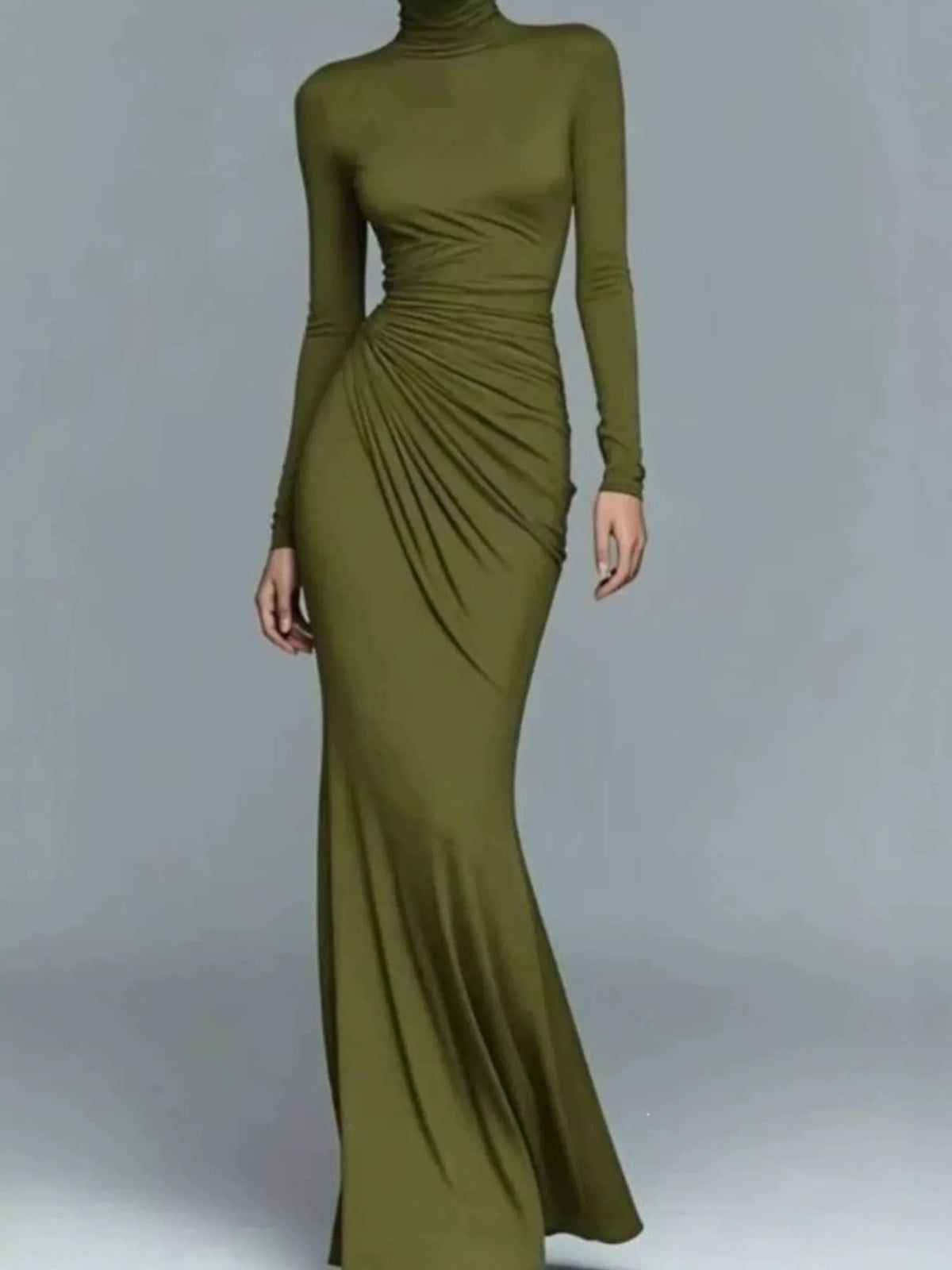 Turtleneck Long-sleeve Ruched Maxi Dress (8)