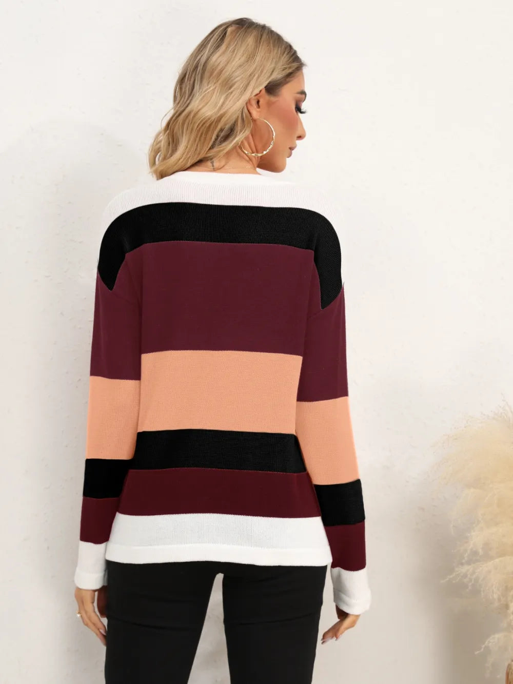 Striped Round Neck Dropped Shoulder Sweater (20)