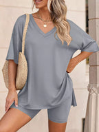 Full Size Casual Loose V-neck T-shirt Shorts Set Plus (19)
