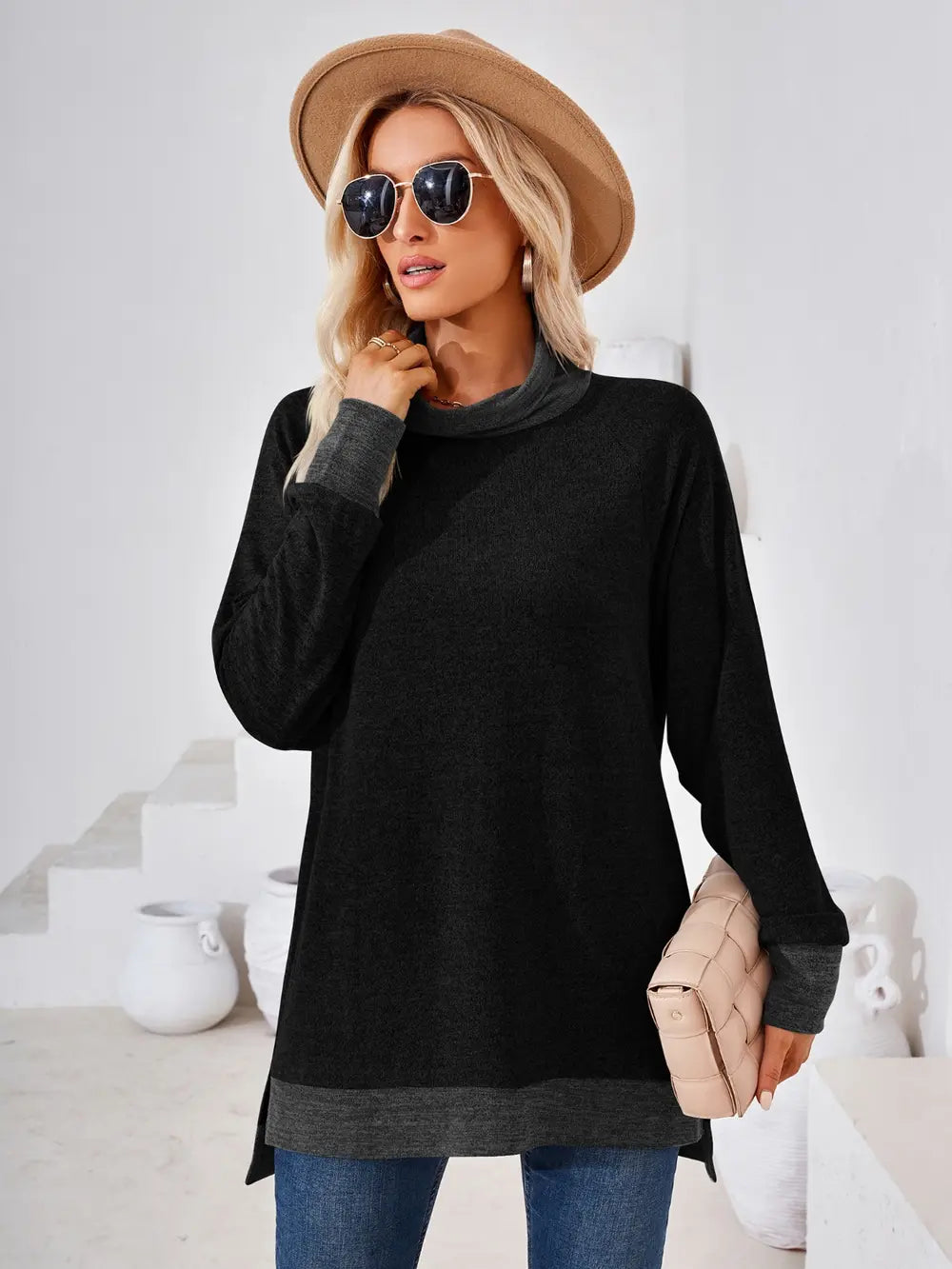 Contrast Mock Neck Long Sleeve T-shirt (9)