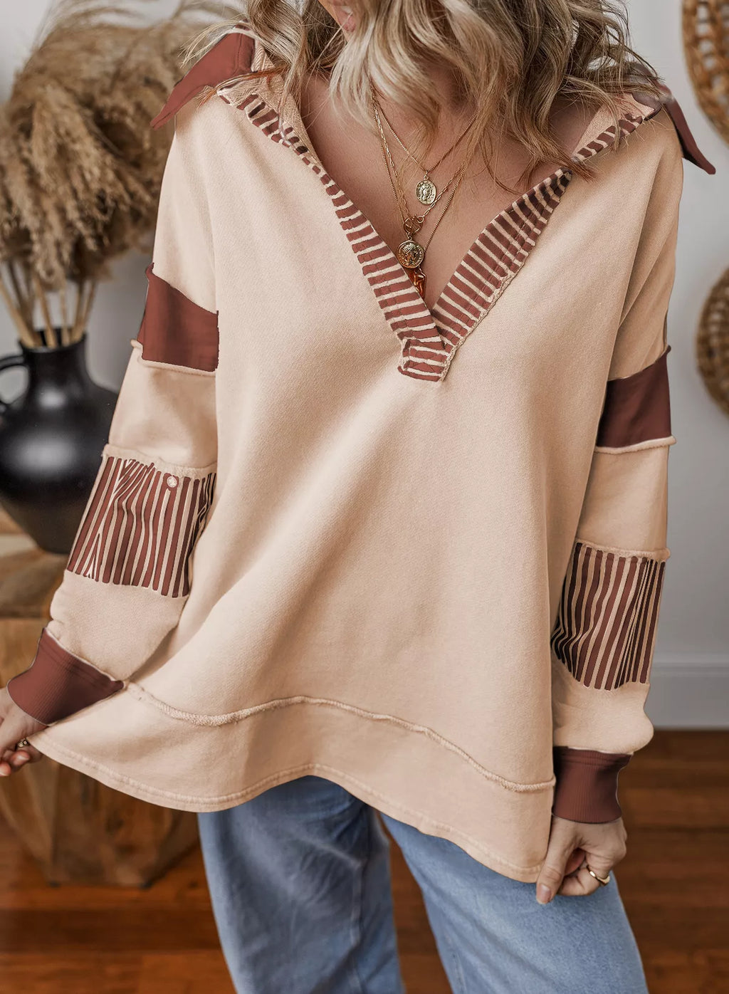 Block Striped Johnny Collar Sweatshirt