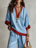 Full Size Contrast Trim Top Wide Leg Pants Set Plus (5)