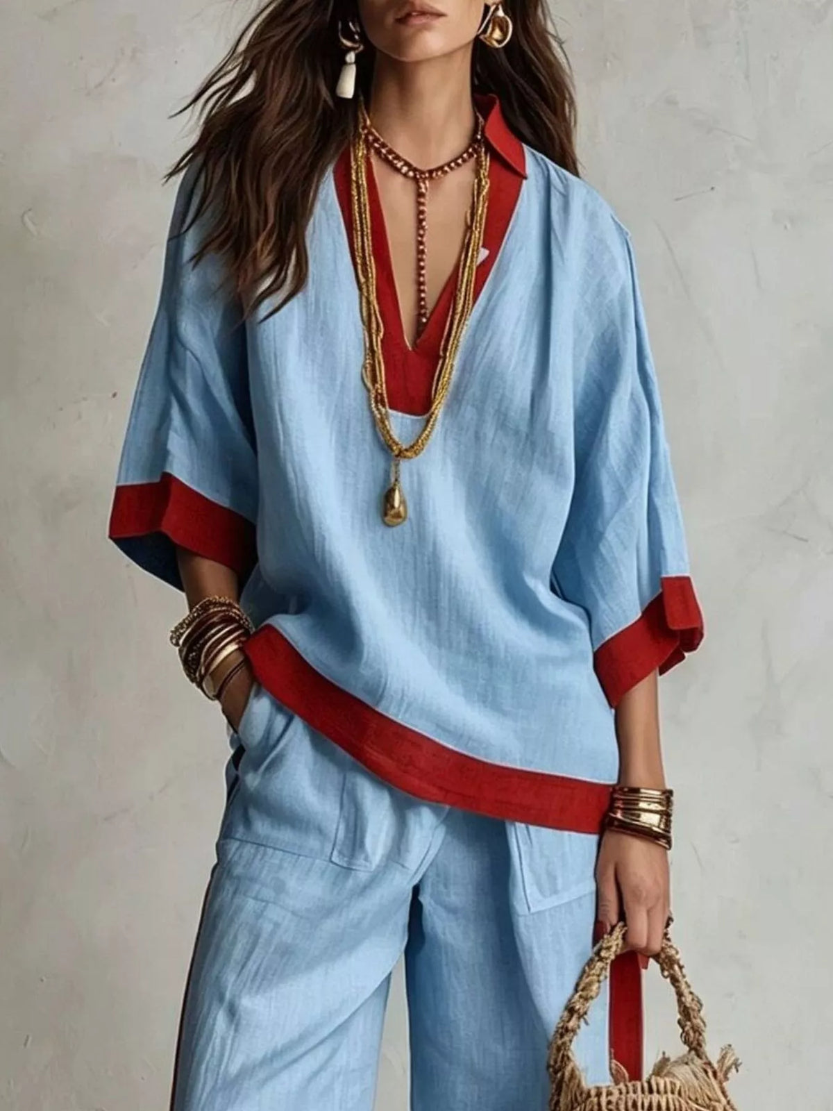 Full Size Contrast Trim Top Wide Leg Pants Set Plus (5)