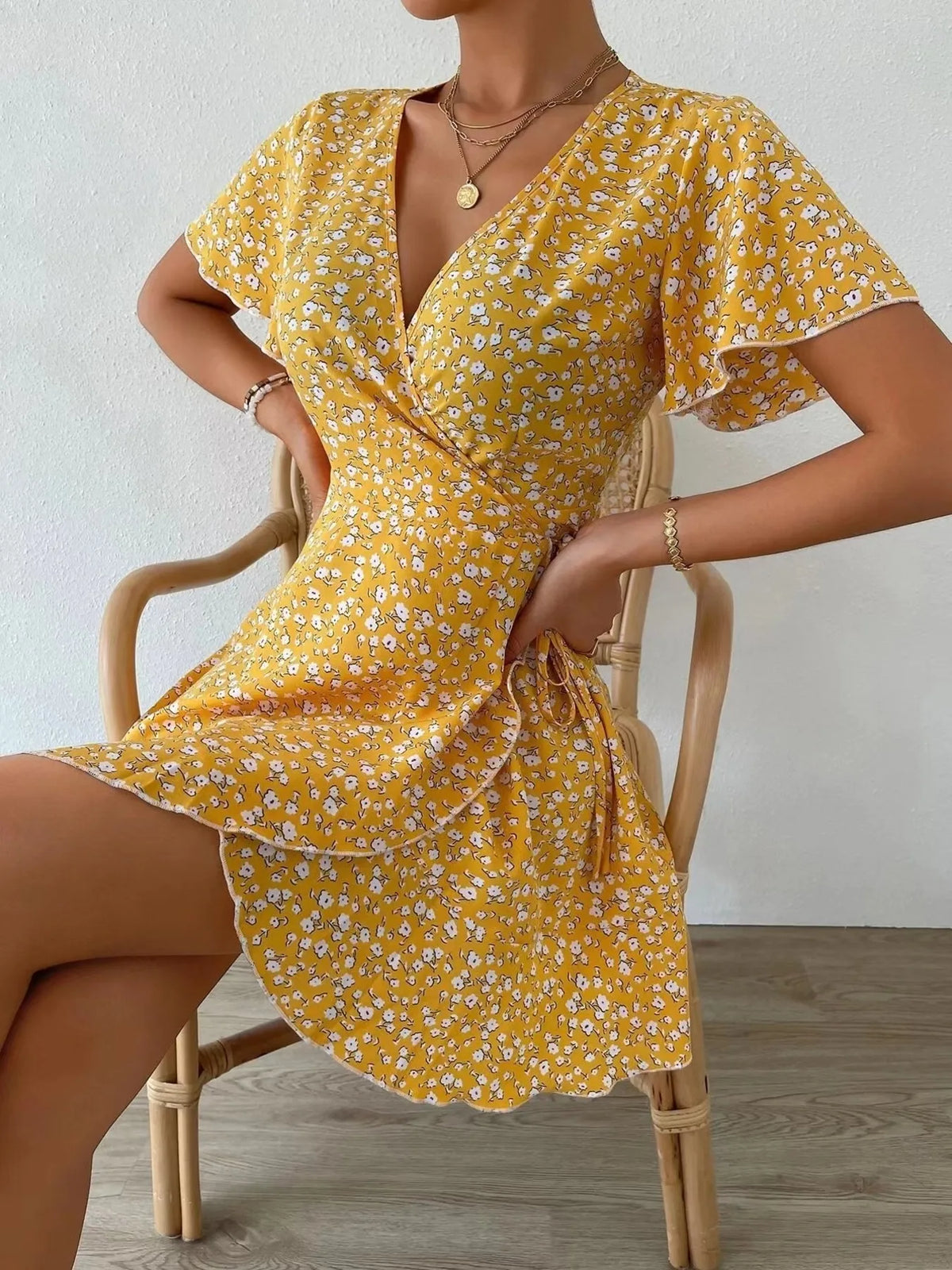 Floral Flutter Sleeve Wrap Mini Dress (4)