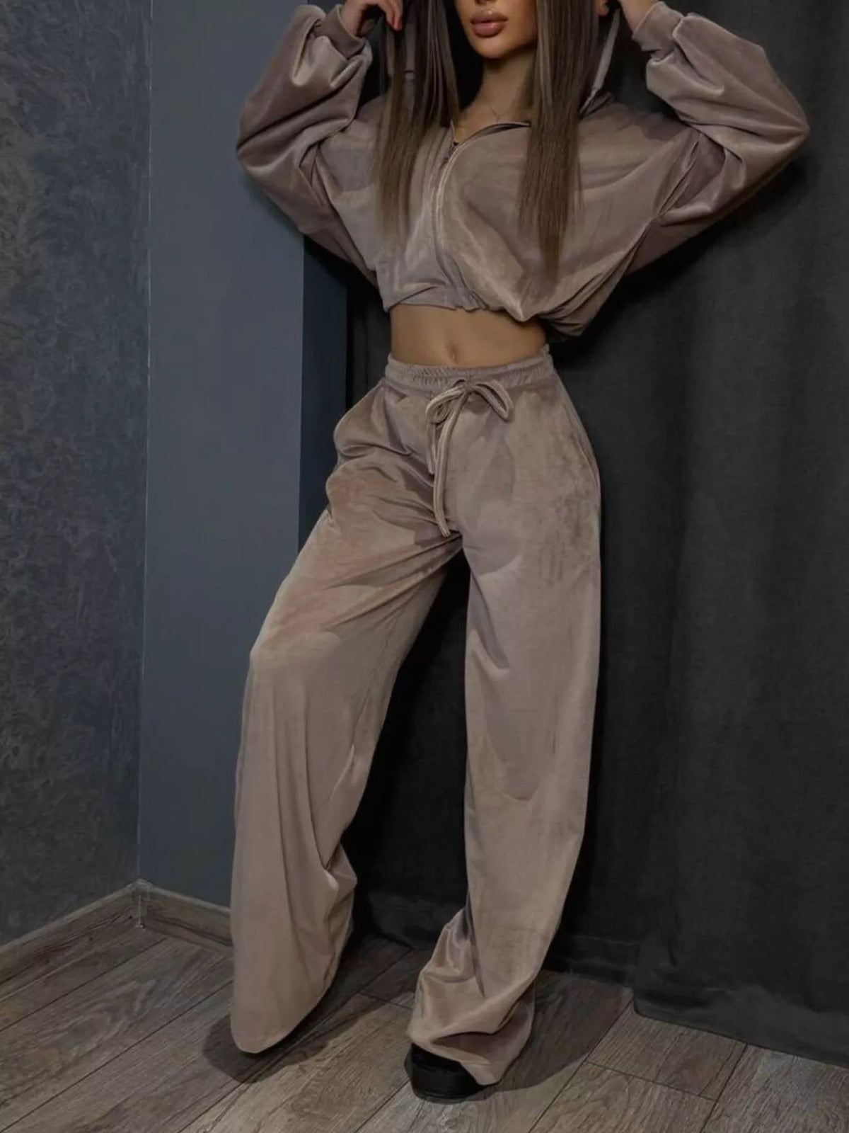 Zip Up Hoodie Wide-leg Pants Set (10)