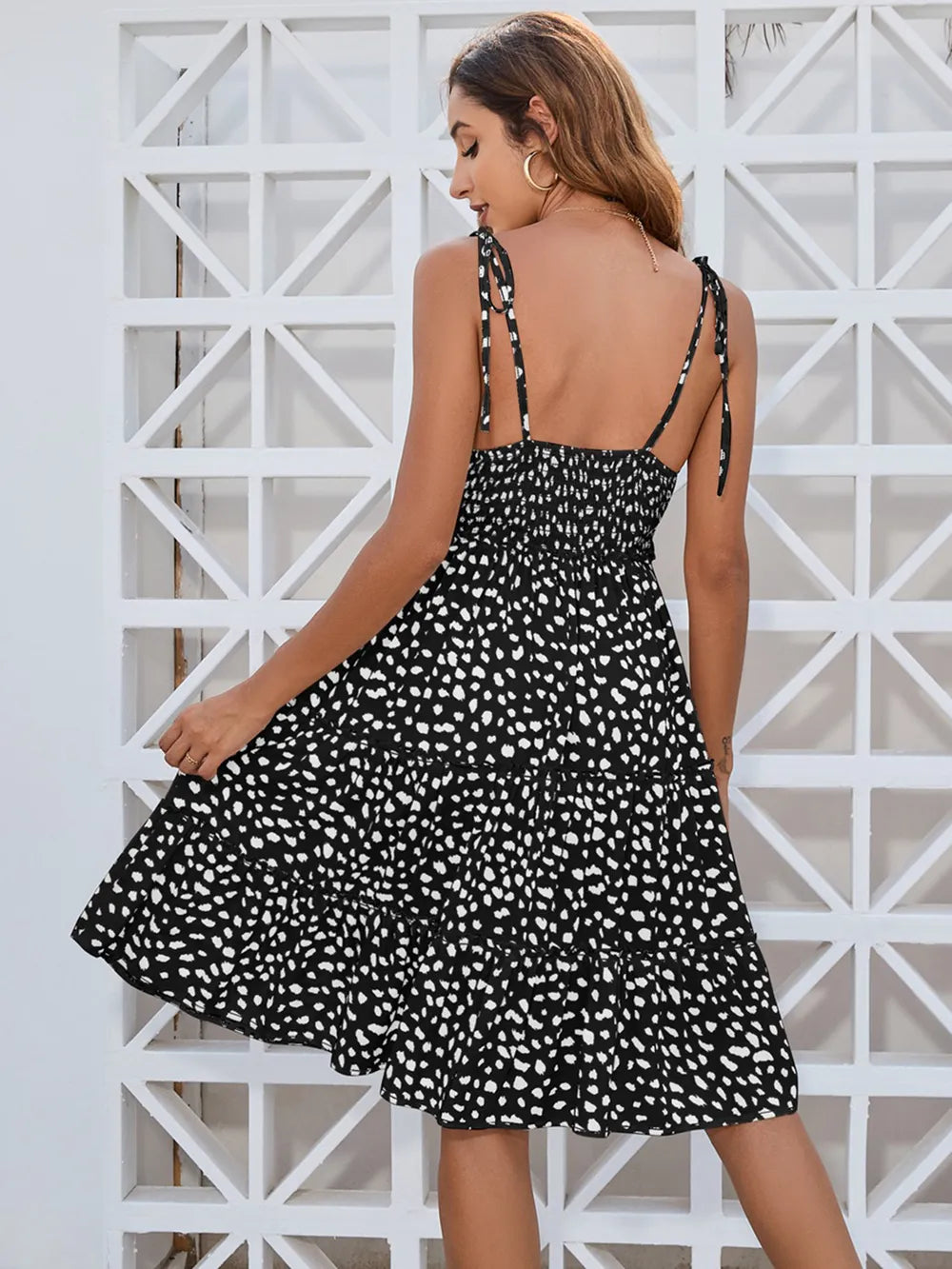 Printed Square Neck Tie Shoulder Dress (9)