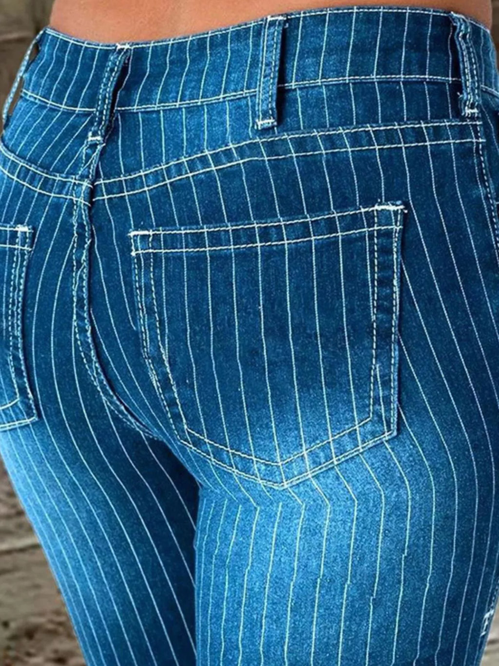 Striped Button Fly Flare Jeans (4)