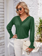 Smocked V-neck Long Sleeve Blouse (20)
