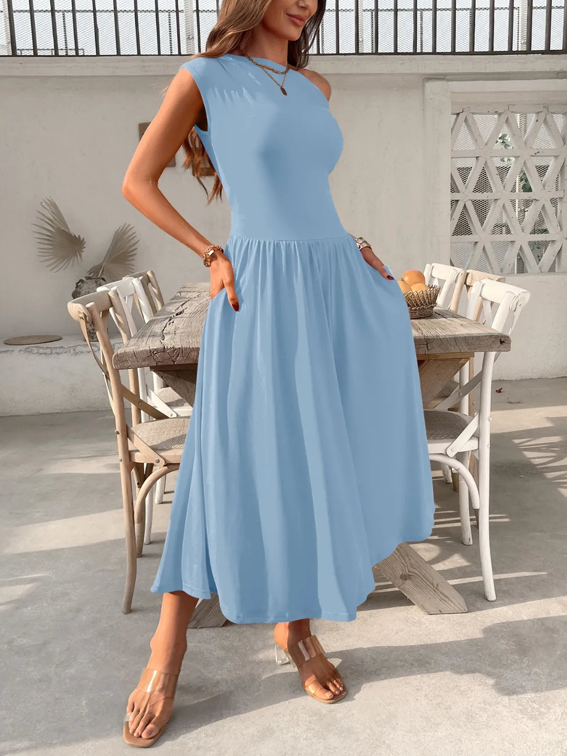 Single Shoulder Midi Dress Pockets (9)