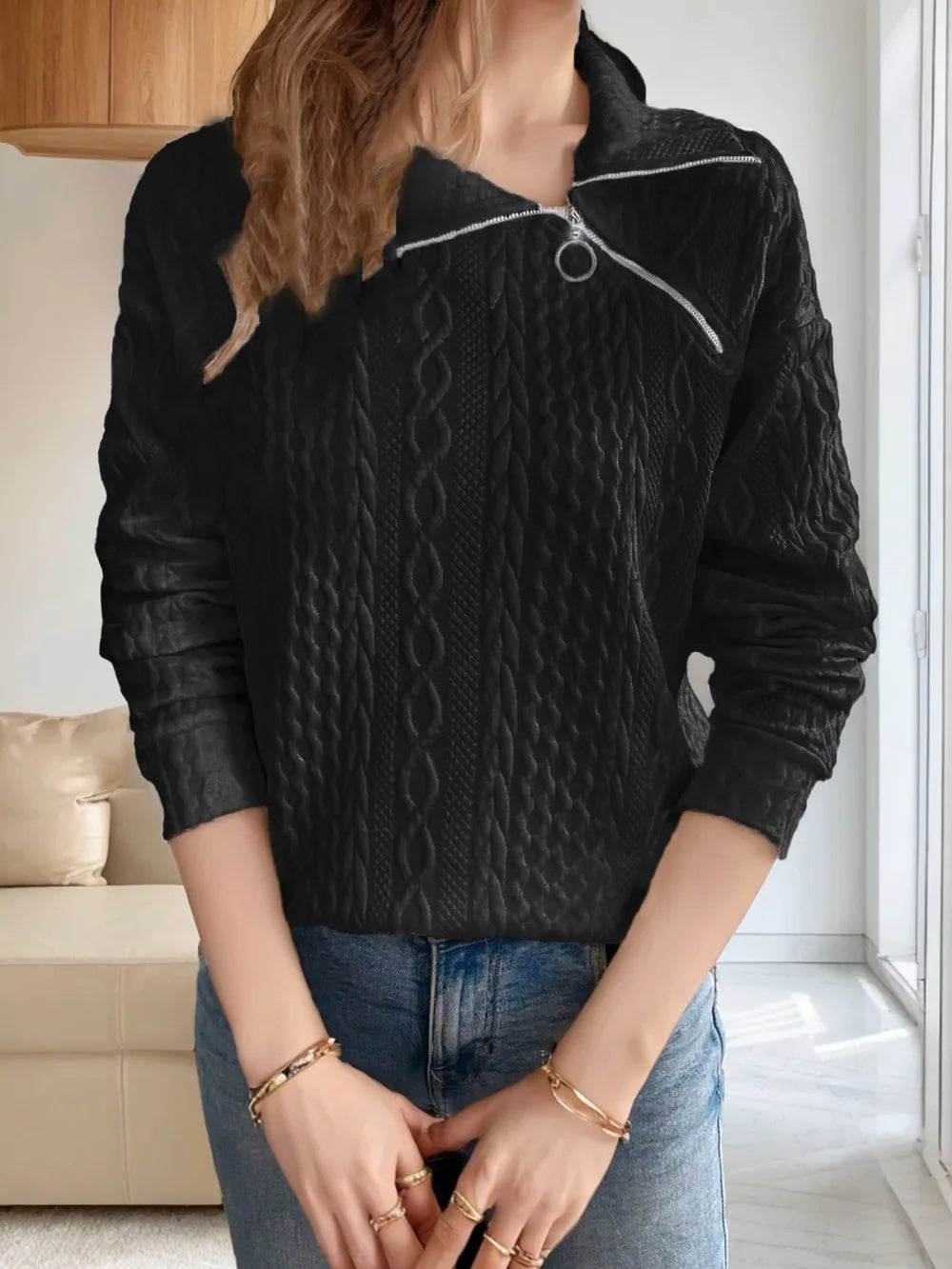 Oblique Zipper Collared Neck Long Sleeve Sweatshirt (6)