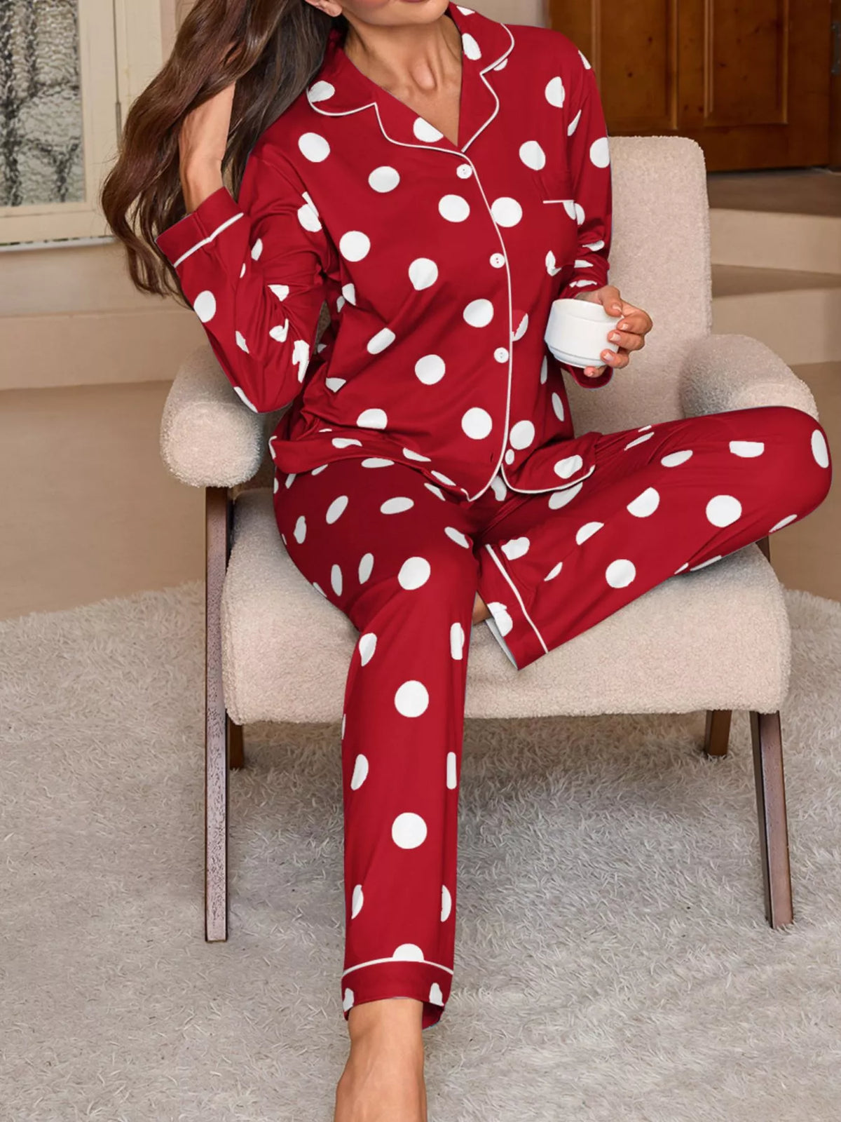 Polka Dot Button-down Top Pants Lounge Set (2)