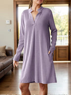 Notched Long Sleeve Mini Dress Pockets (8)