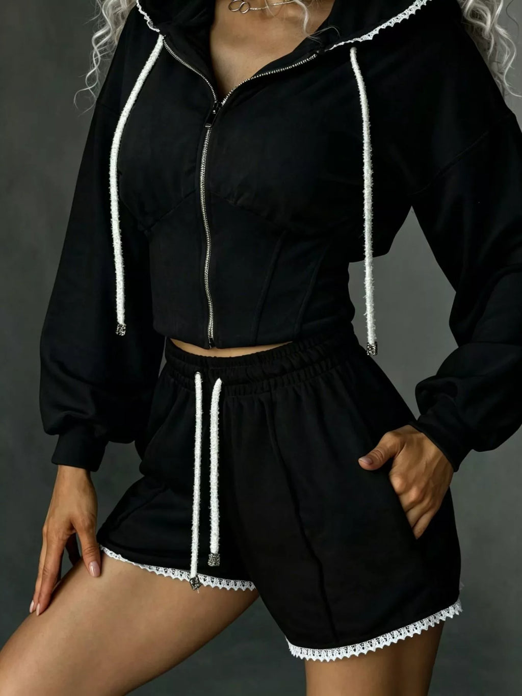Zip Up Hooded Outerwear Shorts Set (13)