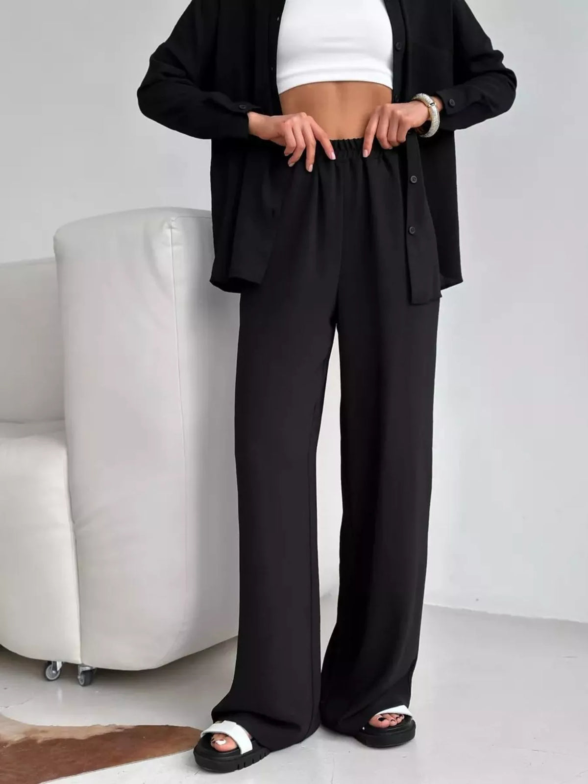 Relaxed Fit Shirt Wide Leg Pants Set (25)