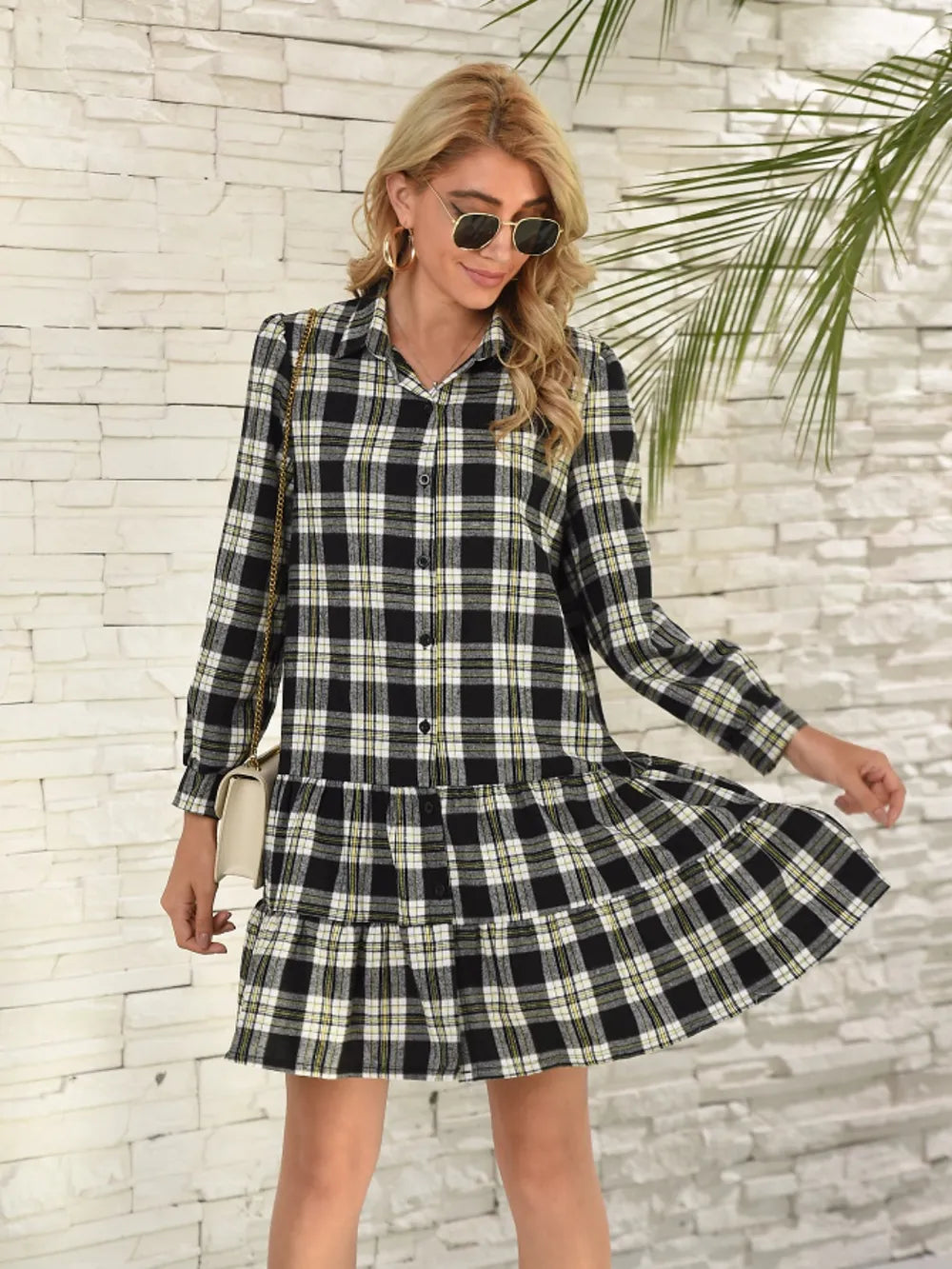 Ruffle Hem Plaid Button Down Long Sleeve Dress (12)