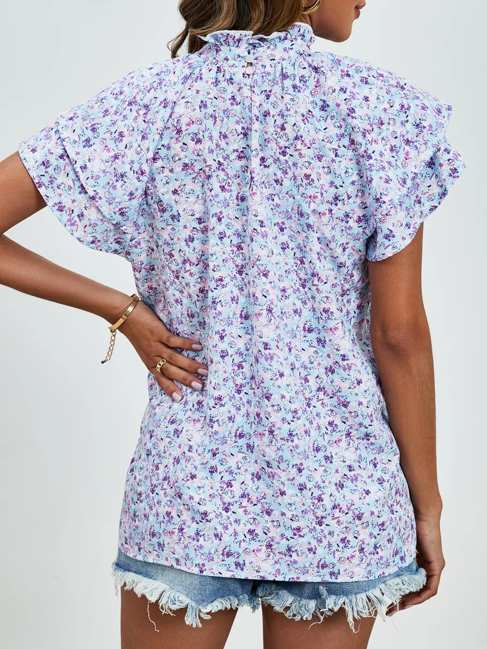 Ditsy Floral Mock Neck Flounce Sleeve Blouse (2)