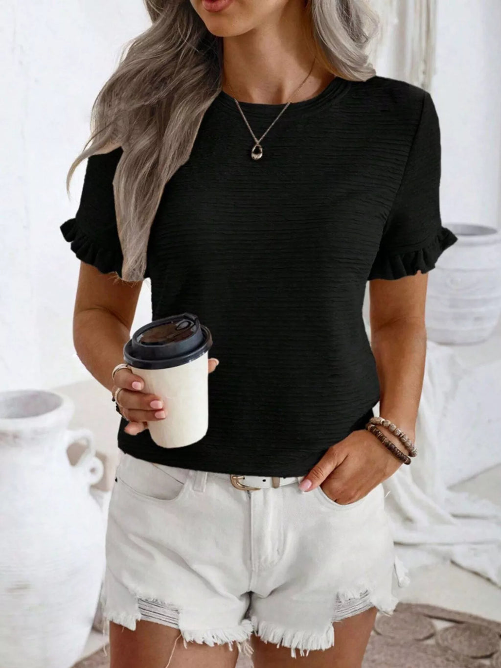 Textured Ruffle Sleeve Round Neck T-shirt (23)