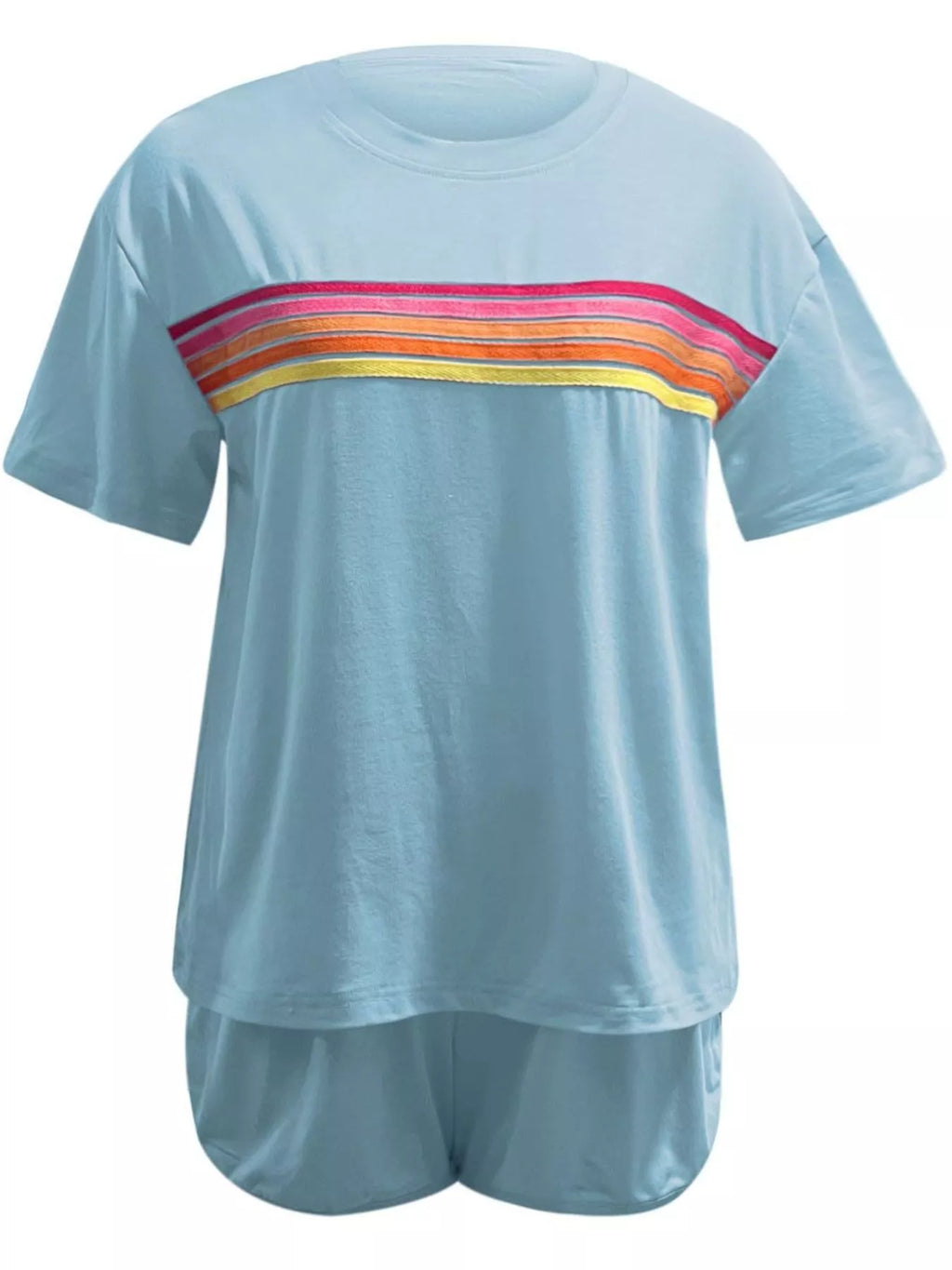 Rainbow Striped Round Neck Top Shorts Set (6)