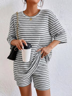 Striped Round Neck Top Shorts Set (22)