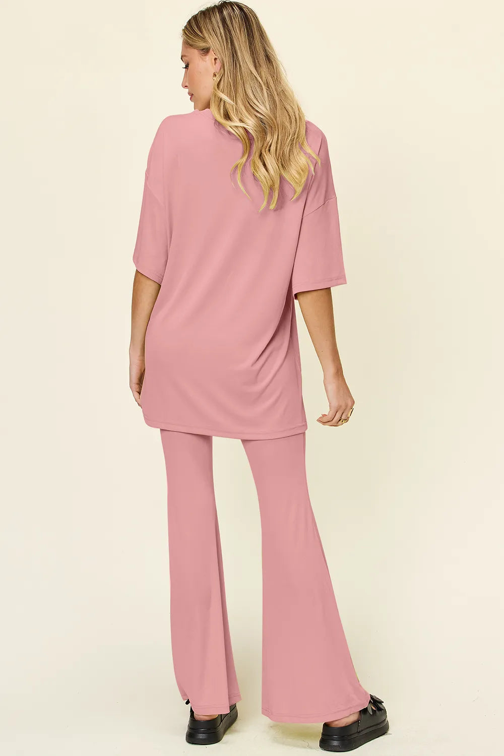 Full Size Round Neck Drop Shoulder T-shirt Flare Pants Set (16)