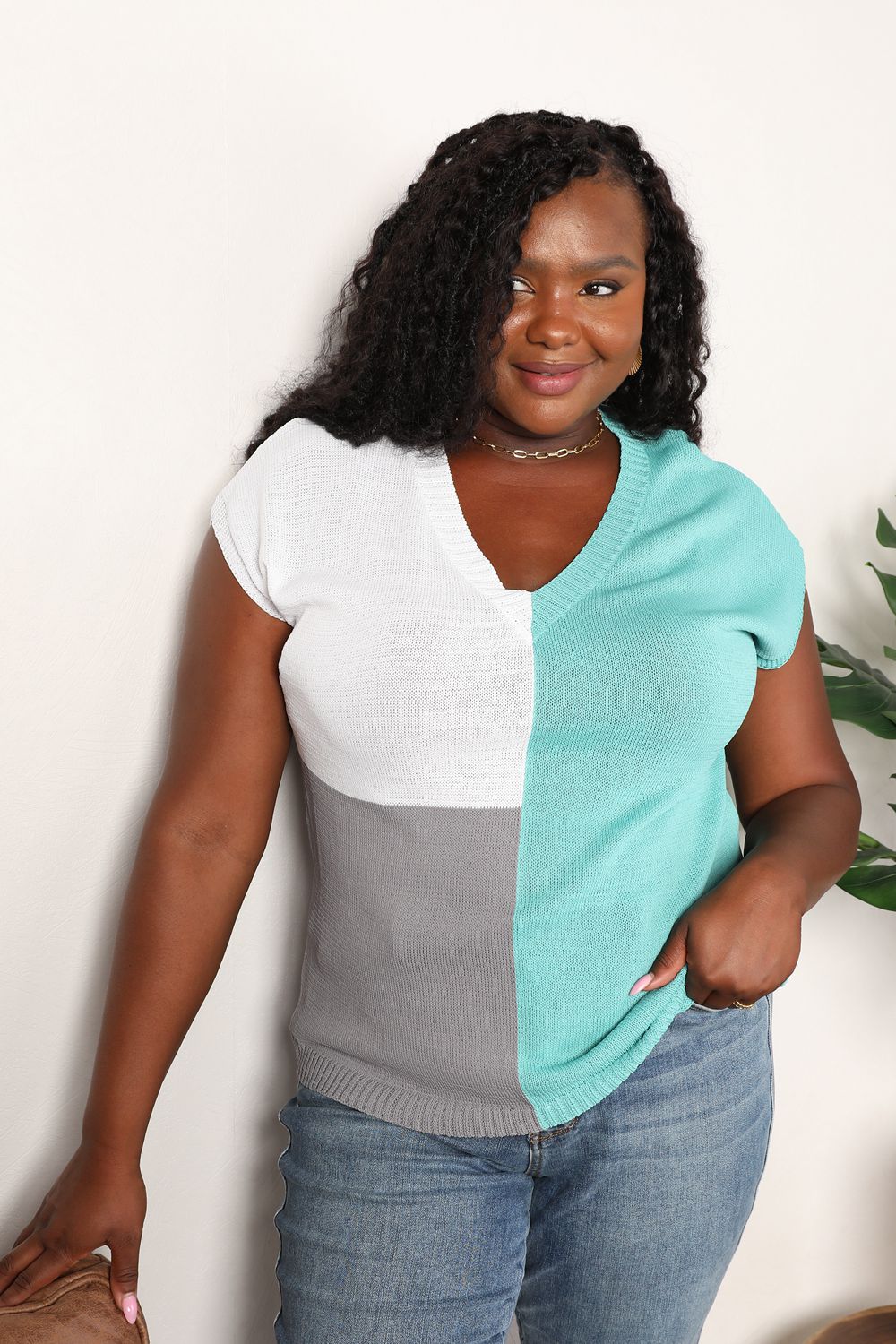 Block V-neck Knit Top (27)