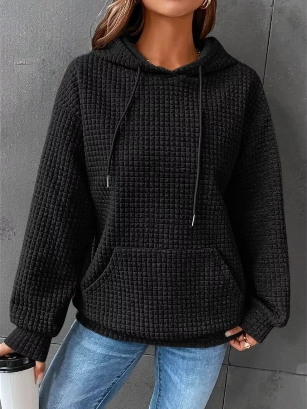 Waffle Knit Hoodie Drawstring Details (8)